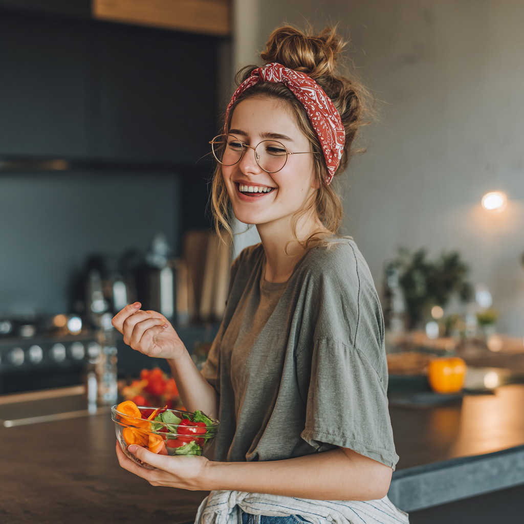Fiatal magyar férfi egészséges ételekkel a konyhában, pozitív hangulatban